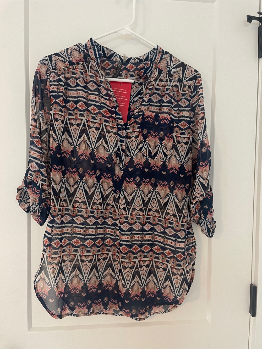 Woven Tribal Print Button-Front Blouse - Navy/Pink
